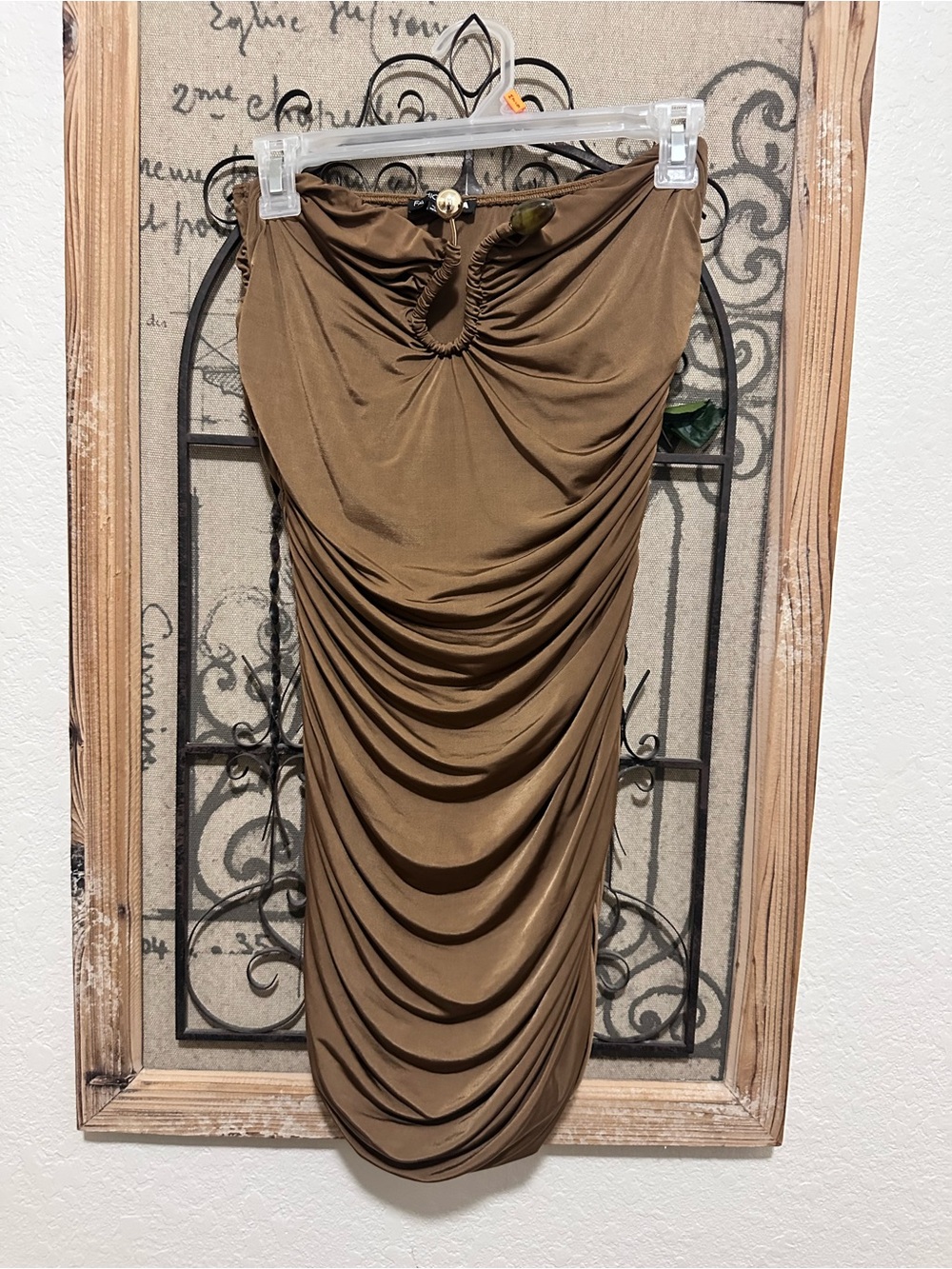 Fashion Nova Ruched Strapless Midi Dress in Brown